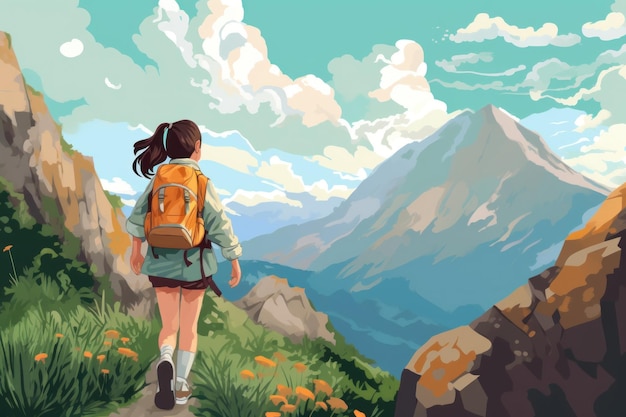 Illustrated Girl Hiking in Flat 2D Style