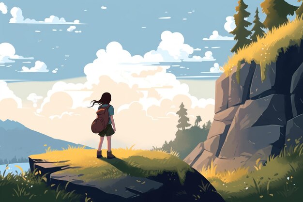 Illustrated Girl Hiking in Flat 2D Style