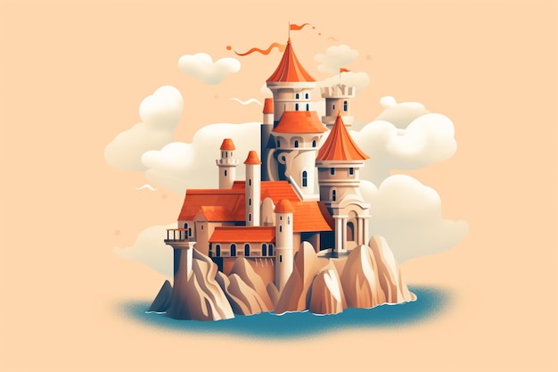 魔法のイルミネーションを備えたイラスト付きのモダンな城のアイコン