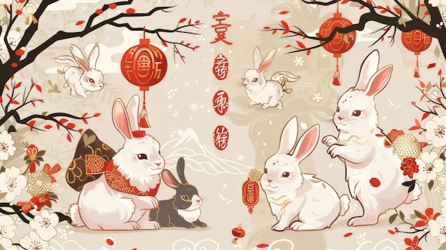 중국 신년을 축하하는 포스터에 중국 도을 둘러싼 토끼가 그려져 있으며, 일본 패턴의 배경에는 '새해 축하합니다'라는 글이 그려져 있다.