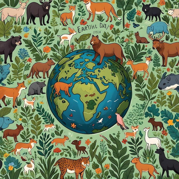 Premium Photo Illustrated poster of earth with animals and