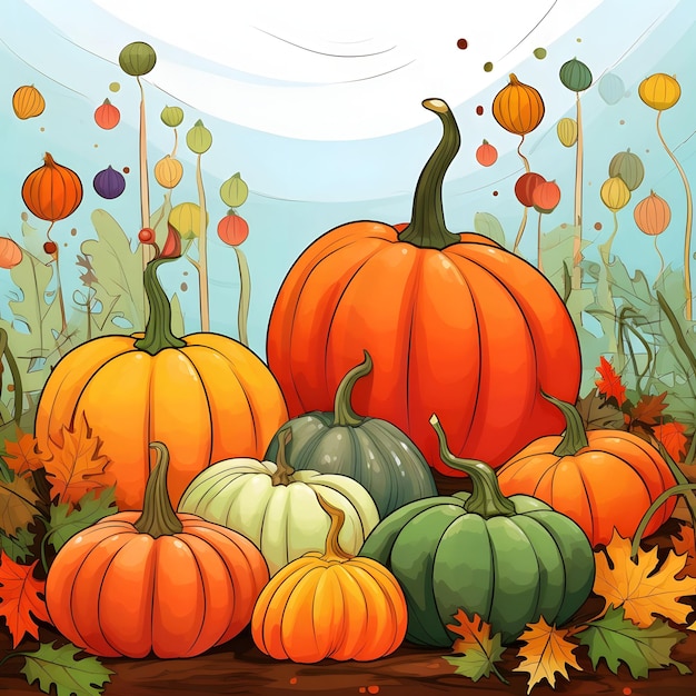 Illustrated pumpkins autumn leaves background new year lanterns pumpkin as a thanksgiving dish for the harvest
