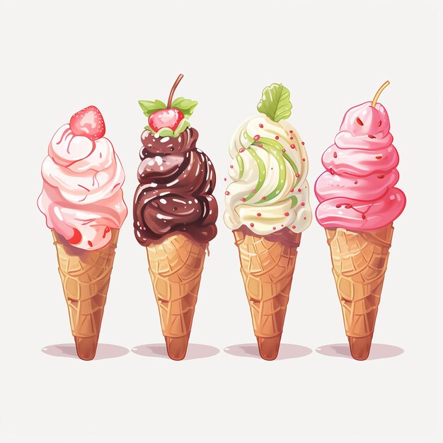 Illustrated Row of Five Ice Creams PNG Download