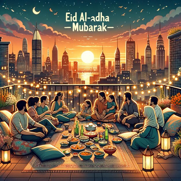 Photo illustrated scene of an urban eid aladha rooftop party