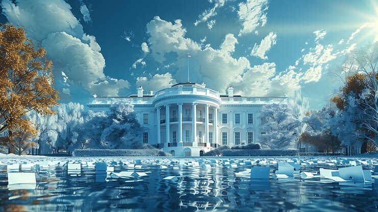 Photo an illustrated scene of the white house with ballot papers swirling around symbolizing the