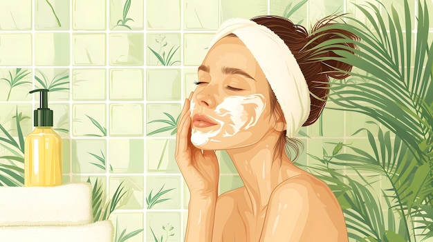 Illustrated Serenity Adult Woman Treating Herself to Spa and Cosmetic Delight