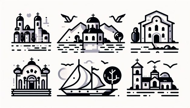 Illustrated set of travelthemed icons each associated with Ohrid city in North Macedonia