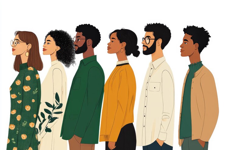Photo illustrated side profile of a diverse group of people of various ethnicities standing together in u