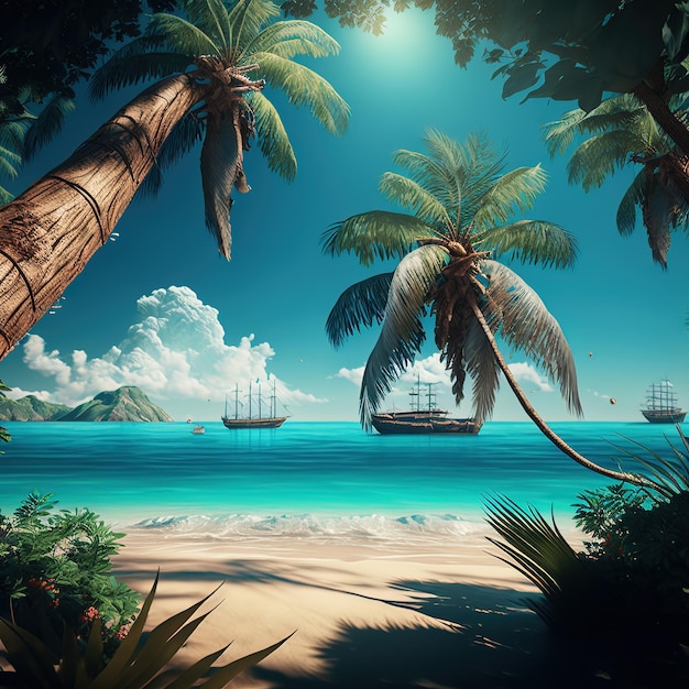 Illustrated tropical paradise beach with beautiful magical palm trees hanging 3d illustration