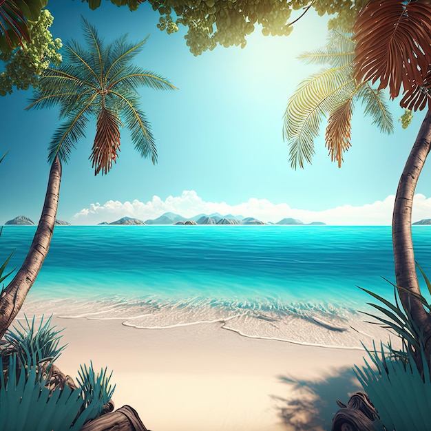 Illustrated tropical paradise beach with beautiful magical palm trees hanging on 3d illustration