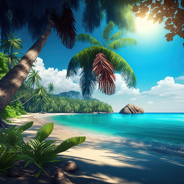 Illustrated tropical paradise beach with beautiful magical palm trees hanging on 3d illustration