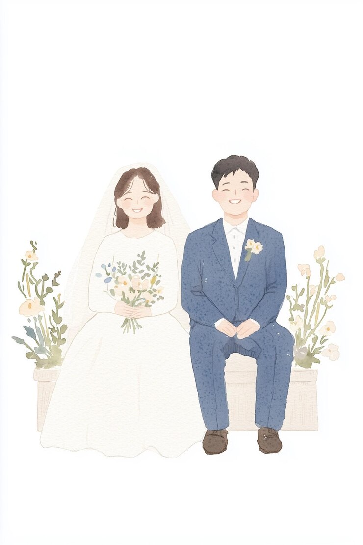 Photo 꽃 을 배경 으로 한 결혼식 부부 의 그림
