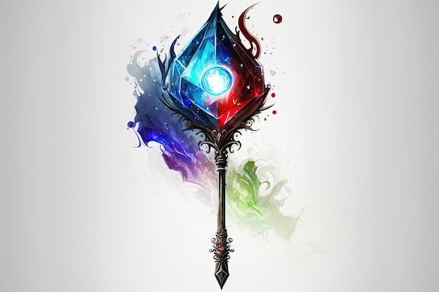 Illustrated white background with a glowing gemstone atop a magical wizards staff