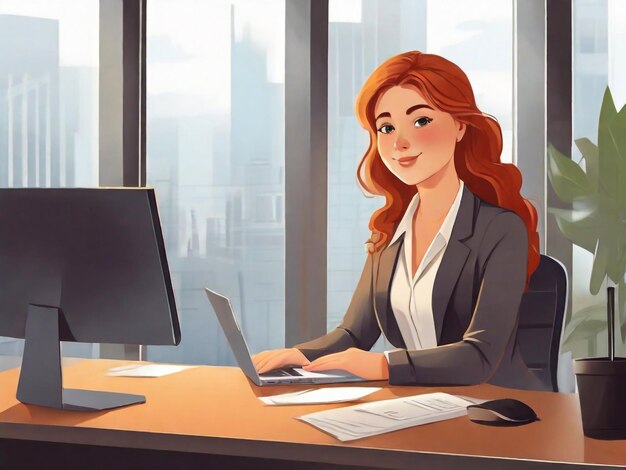 Illustrated woman being an intern at a company