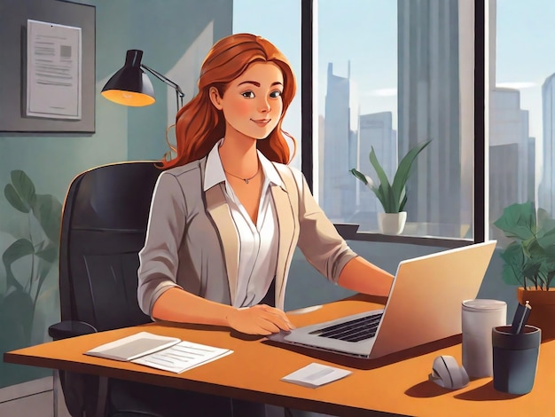 Illustrated woman being an intern at a company