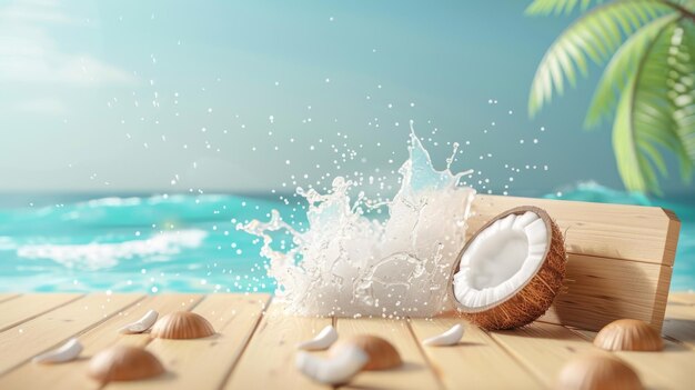 An illustrated wooden board coconut water splashing out on the beach is the background for this 3D realistic tropical beach summer background template