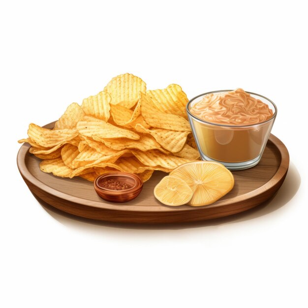 Иллюстрированная деревянная тарелка с картофельными чипсами и арахисовым маслом