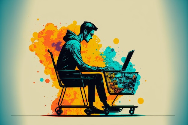 Illustrated Young man using laptop with shopping cart