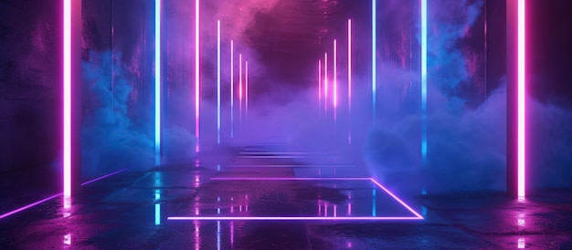 Illustratie 3D Futuristische Moderne Hightech Pathway van Neon Blue Purple Glowing Light gegenereerd door AI