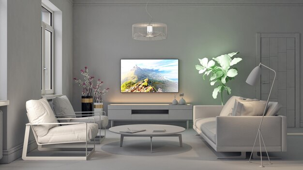 Illustratie 3D-rendering grote luxe moderne lichte interieurs Woonkamer mockup computer digitaal gegenereerde afbeelding