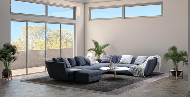 Illustratie 3D-rendering grote luxe moderne lichte interieurs Woonkamer mockup computer digitaal gegenereerde afbeelding