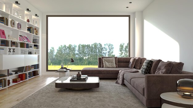 Illustratie 3D-rendering grote luxe moderne lichte interieurs Woonkamer mockup computer digitaal gegenereerde afbeelding