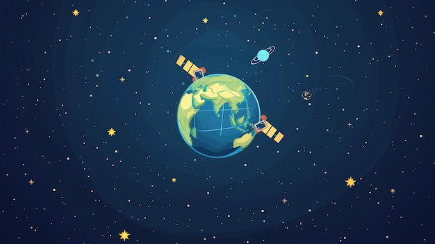 Foto illustratie aarde in de ruimte met satelliet ruimteschip op cartoon platte stijl gegenereerde ai