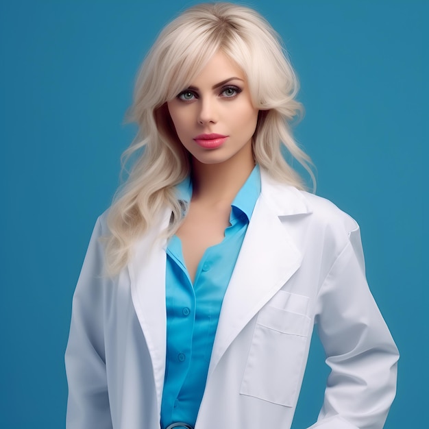 Illustratie AI-generatie Een blonde artsvrouw in een witte jas op een blauwe achtergrond