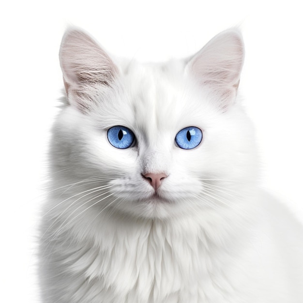 Illustratie AI generatie witte kat met blauwe ogen gezicht schot geïsoleerd op witte achtergrond Huisdier hond