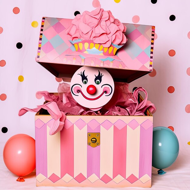 Foto illustratie april fools day clown speelgoeddoos in roze