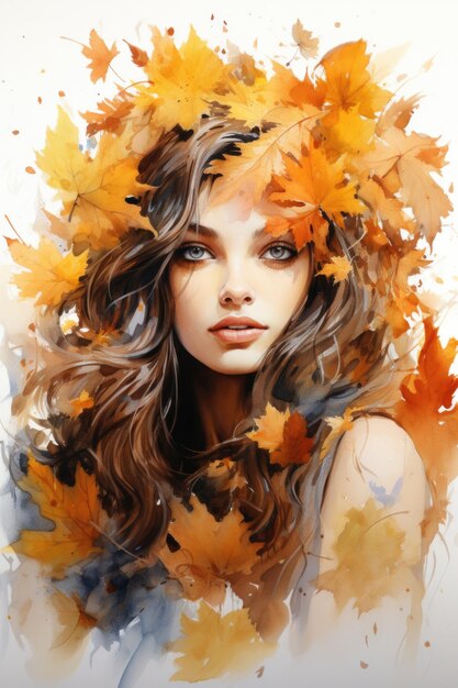 Illustratie aquarel bovenaanzicht een mooie jonge vrouw draagt gebreide liggende herfstbladeren