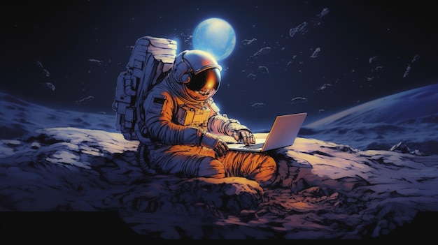 Illustratie astronaut in de ruimte met een laptop