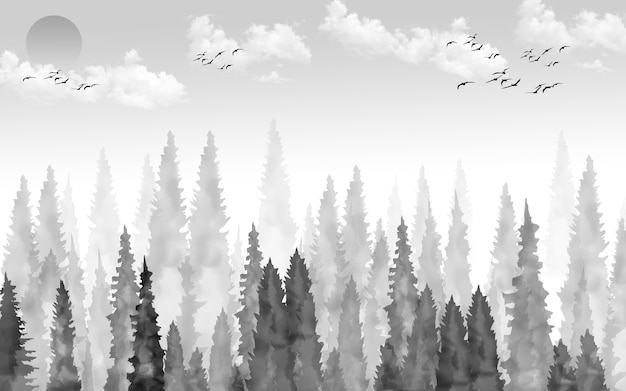illustratie behang zwart en wit landschap.Sun Sky wolken vogels en boom bos