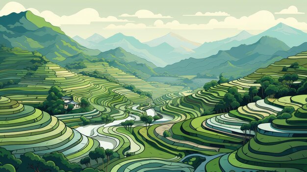 Illustratie cartoon rijstvelden gegenereerd door AI