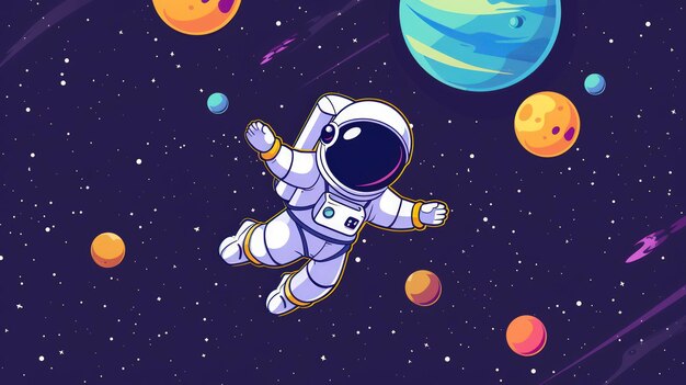 Foto illustratie cartoon stijl schattige astronaut vliegt in de ruimte met maan en sterren gegenereerd door ai beeld