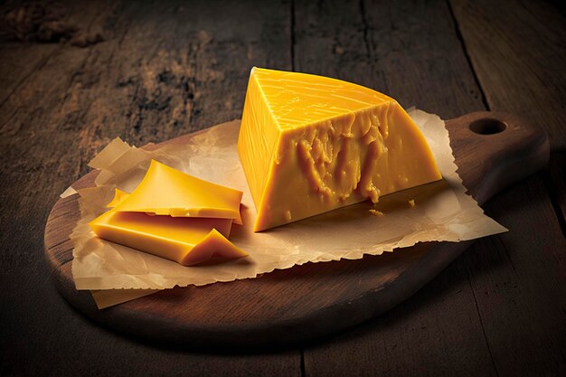 Foto illustratie cheddar kaas geserveerd op hout generatieve ai