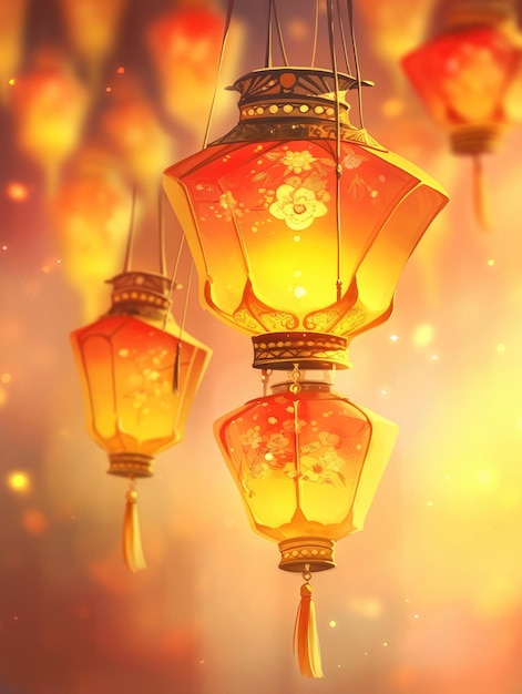 illustratie Chinese nieuwjaars lantaarn vuurwerk in geel
