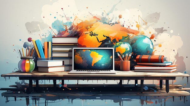 illustratie complexe achtergrond wereldwijd onderwijs laptop en internationaal leersysteem