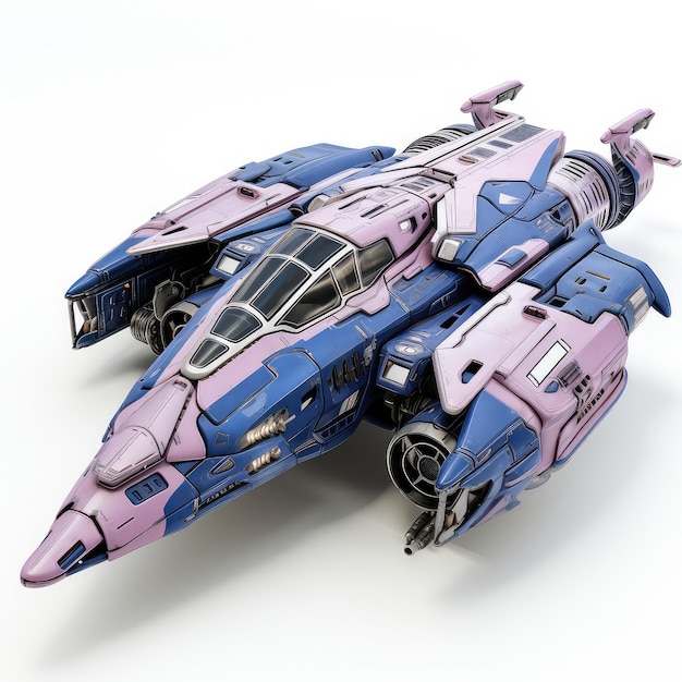 Foto illustratie cyberpunk gepantserd gevechtsvliegtuig met blauwe paarse kleur in techno mystique vlucht