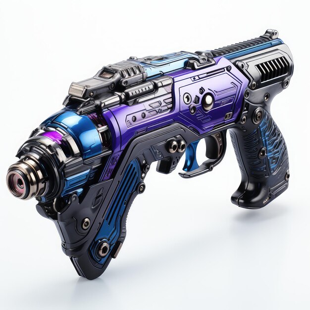 illustratie cyberpunk gepantserd laser pistool met blauwe paarse kleur in stedelijke dystopie