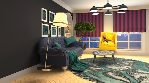 Illustratie die van Bank in woonkamer hangt