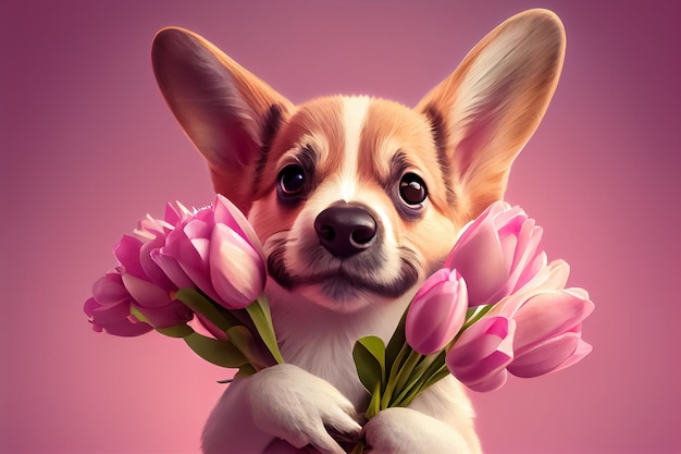 Illustratie die van leuke hond bloemen op roze achtergrond AI geven