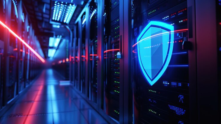 Foto illustratie dynamische weergave van datacenter server racks en verlicht met blauwe lichten geavanceerde technologie en beveiliging achtergrond ai gegenereerd