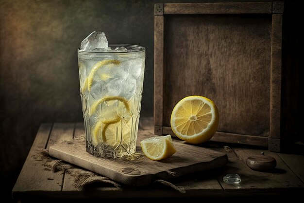 illustratie een glas ijskoude limonade rust op een houten plank ai generatief