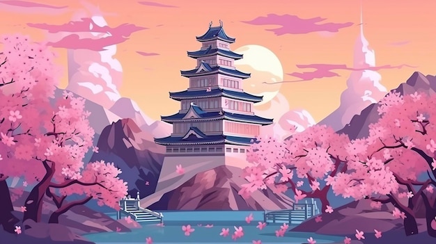 illustratie een Japans kasteel en een mooie roze kersenbloesem