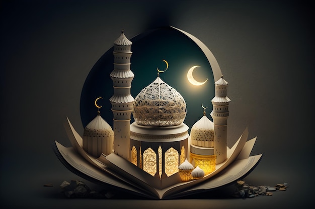 illustratie een open boek met een moskee en een maan erop