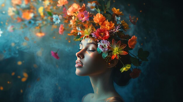 Illustratie een vrouw in haarstijl met bloemen op donkere achtergrond AI gegenereerde afbeelding