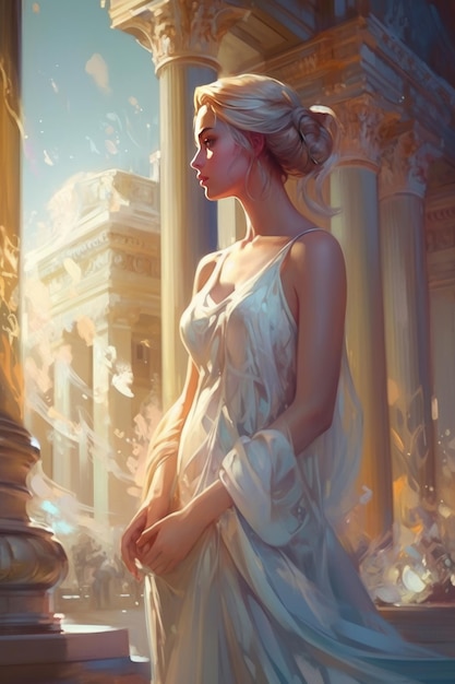 Illustratie Fantasie meisje prinses in prachtige jurk en magisch kasteel op de achtergrond Generatieve AI vrouw koningin silhouet lange trein rok