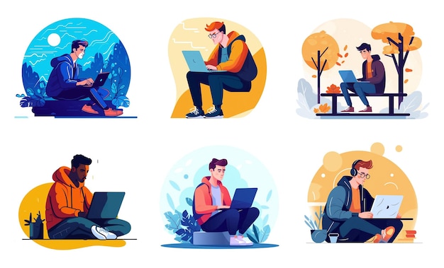 Illustratie gegenereerd ai-technologie een freelancer man met een notebook een werkende man op een externe baan in de natuur Set