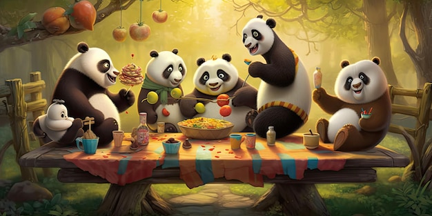 Illustratie gelukkige panda cartoon vriendschap dag de wereldvakantie van menselijke verbindingen generatieve ai